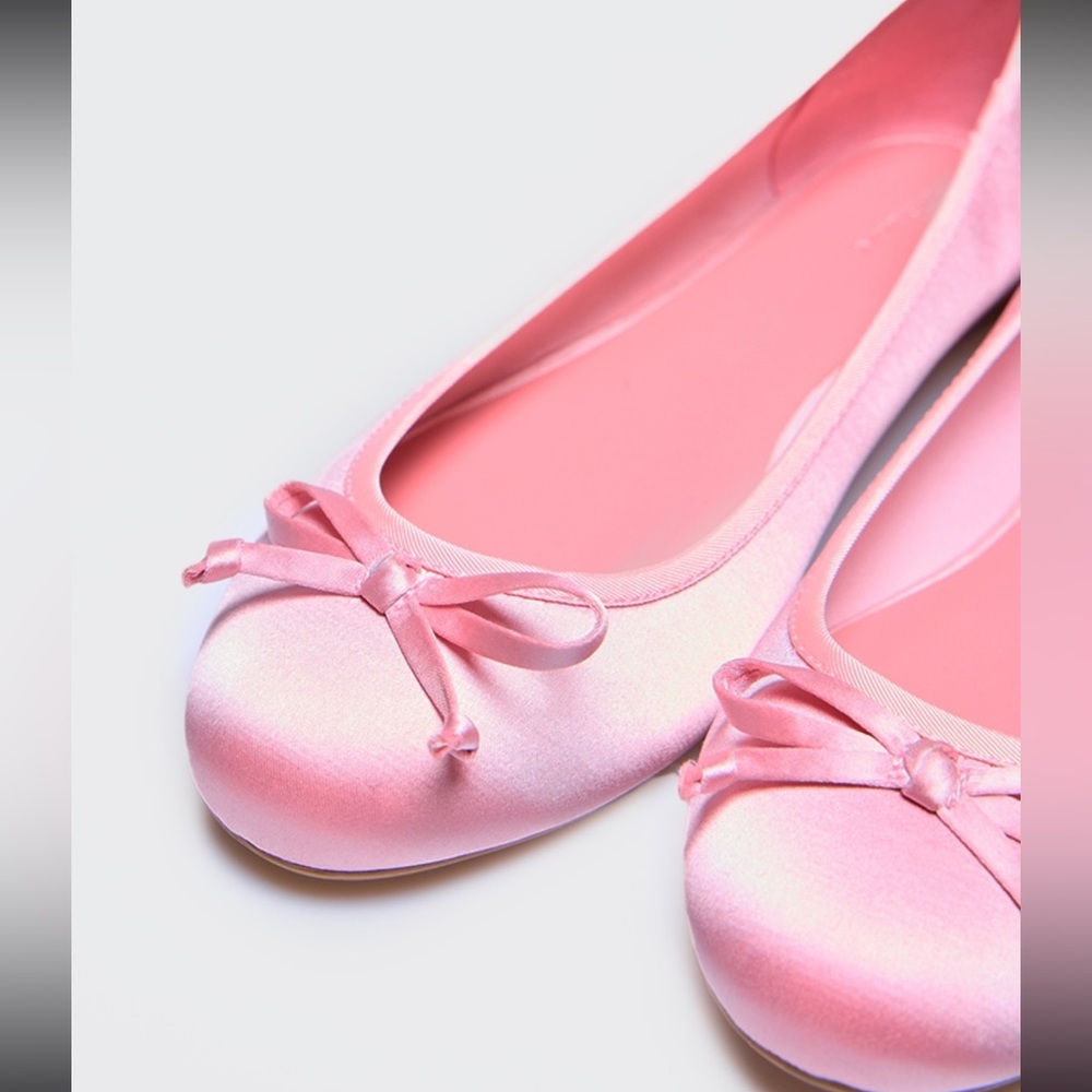 PINK SATIN ROUND TOE BOW DETAIL BALLET FLATS - Picture 4 of 7